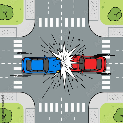 Car crash at intersection, collision between blue and red cars, traffic accident on crosswalk