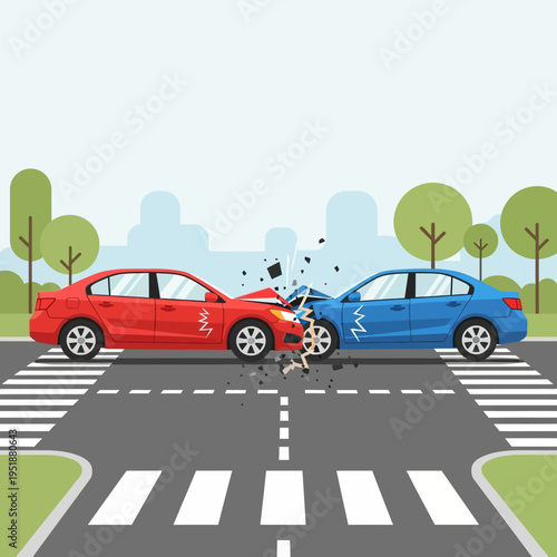 Car Crash at Intersection: Red and Blue Cars Collide on Pedestrian Crossing