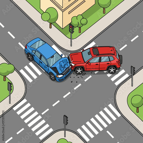 Car Crash at Intersection: Two Damaged Vehicles Collide at Crossroads