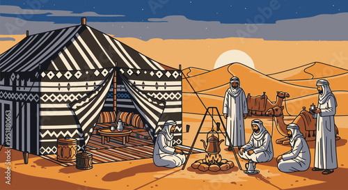Bedouin desert nomads gathering around campfire at night