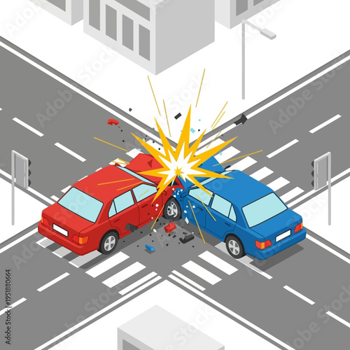 Car Crash at Intersection: Red and Blue Cars Collide in Traffic Accident