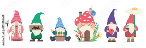Cute spring garden gnome vector set with mushroom house plants tools flowers and characters for gardening and children design