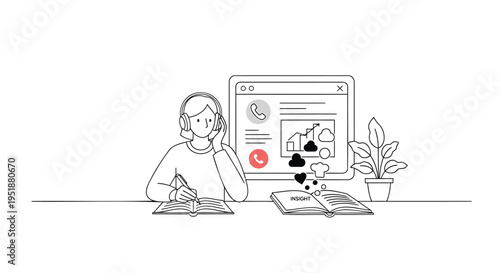 Vector illustration of woman working with dog at desk