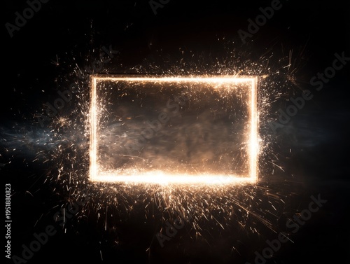 Sparks Fly Around a Glowing Rectangular Frame in a Dark Setting