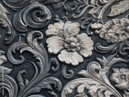 Detailed Floral Design on Black Surface Showcasing Craftsmanship in the Decor...