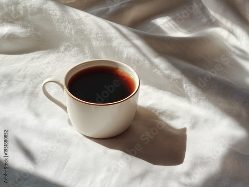Coffee Cup Placed on White Fabric in Soft Morning Light