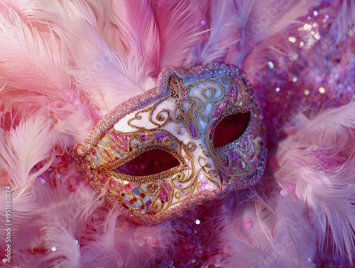 Colorful Mask With Feathers on a Pink Background at a Festive Celebration Event