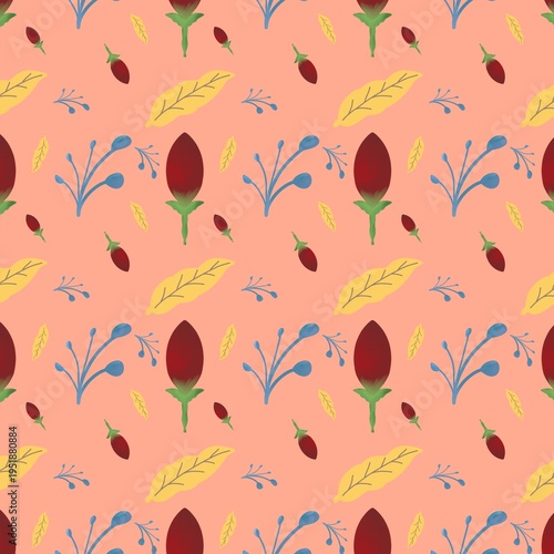 Seamless floral pattern with hand-drawn red tulips, yellow leaves, and blue branches on a peach background. Minimalist botanical doodle style for textiles, wallpaper, and wrapping paper