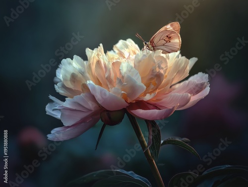 Butterfly Resting on a Peony Flower in a Garden During Late Afternoon Light