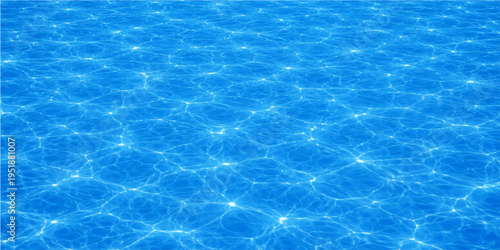 Abstract turquoise waves create a clean liquid texture on the clear blue water surface of a cool summer swimming pool with ripples and transparent aqua reflections