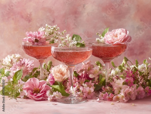 Cocktails With Flowers in Glasses Surrounded by Blooms on a Soft Background