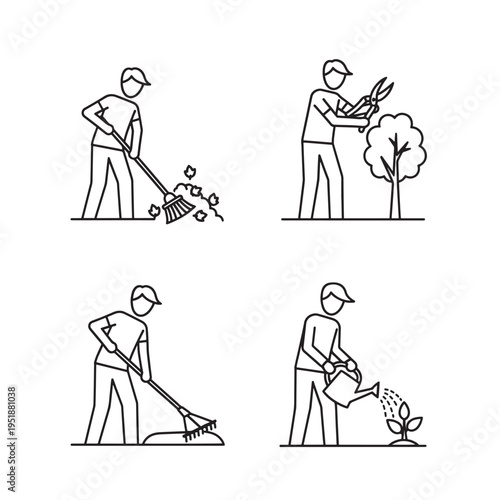 Four line art illustrations depicting various gardening activities like raking leaves, pruning a tree, raking soil, and watering a plant.