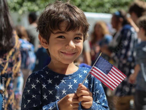 Child Holds American Flag During Celebration at Community Event in the United...