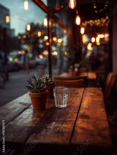 Cozy Cafe Table With Plants and a Glass of Water During Evening Hours