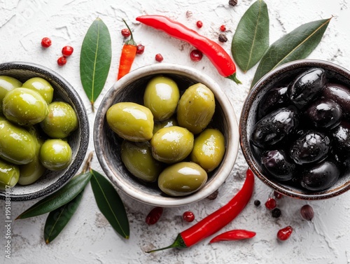 Three Bowls of Green and Black Olives With Red Chili and Spices on White Surf...