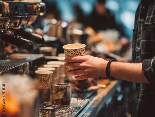 Barista Prepares Coffee at a Cafe in the Afternoon With Customers in the Back...