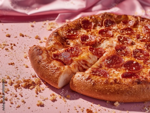 Enjoying Pepperoni Pizza on a Pink Table With Crumbs Scattered Around During ...