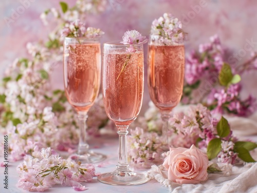 Three Glasses of Sparkling Drink With Flowers and Rose on a Light Background