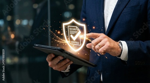 Digital verification and security confirmation with a businessman using a tablet