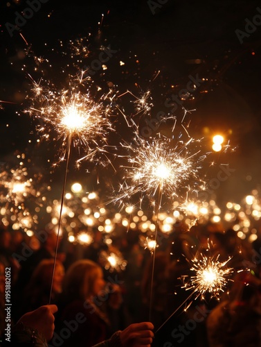 People Hold Sparklers at Night During a Festive Gathering in a Public Space