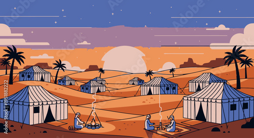 Desert Nomad Camp at Dusk with Tents and Palm Trees