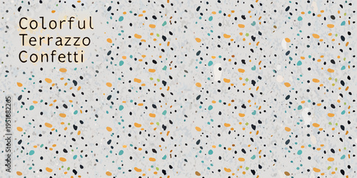 A light gray background with scattered colorful terrazzo confetti patterns