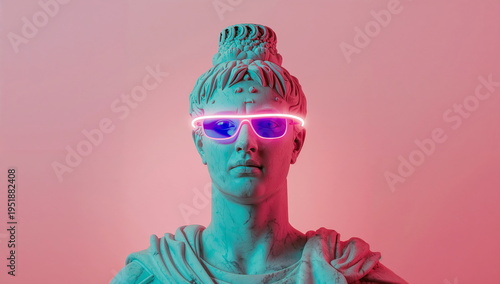 Statue wearing glasses under colored lights in an art display at a gallery in the evening