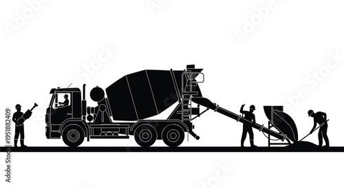 Silhouette of cement mixer truck and construction workers vector