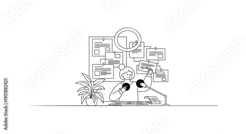 Vector illustration of a dog sitting at a desk with computer and paperwork