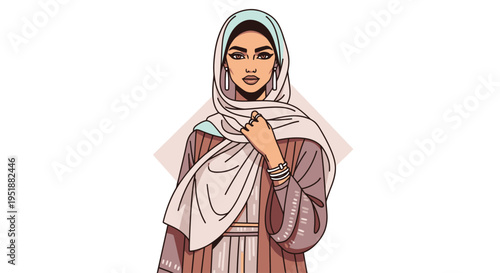 Illustration of a Muslim woman wearing a hijab and traditional clothing
