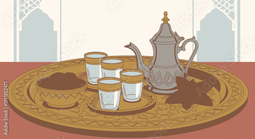 Arabic Coffee Service with Tea Pot and Cups on Golden Tray