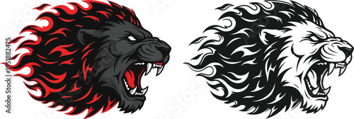 Two roaring lion heads with fiery manes, one in black and red, the other in black and white, depicted in a powerful graphic style.