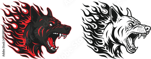 Fierce black dog head with red flames vector illustration, aggressive canine with open mouth and sharp teeth, powerful animal design in dynamic style.