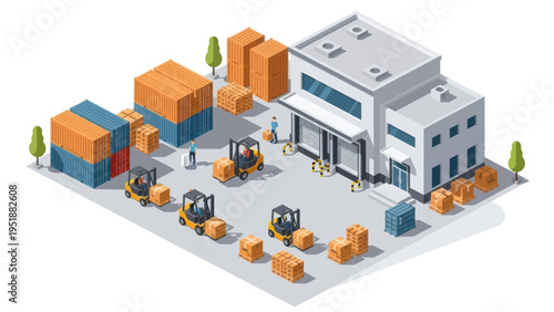 Isometric warehouse logistics and delivery operations with forklifts and cargo.