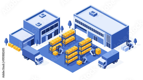Isometric warehouse logistics and delivery trucks illustration.