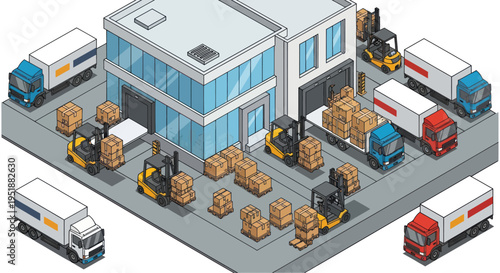 Isometric warehouse logistics and delivery trucks with forklifts.