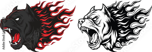 Aggressive pit bull dog head with fiery flames vector illustration in color and black and white styles.