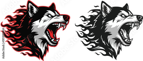Aggressive roaring wolf head with fiery mane, depicted in both color and grayscale vector illustrations, showcasing power and intensity.