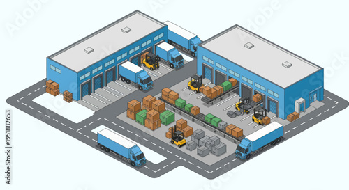 Isometric warehouse logistics and distribution center with trucks and forklifts.