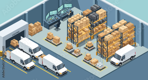 Isometric Warehouse Logistics and Distribution Center with Delivery Vans.