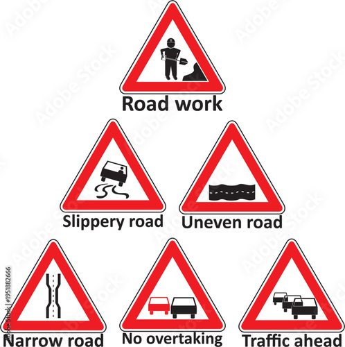 Set of triangular road warning signs including road work, slippery road, uneven road, narrow road, no overtaking, and traffic ahead. Ideal for traffic safety, driving education, and transportation con