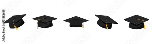 Set of black graduation caps with gold tassels at different angles
