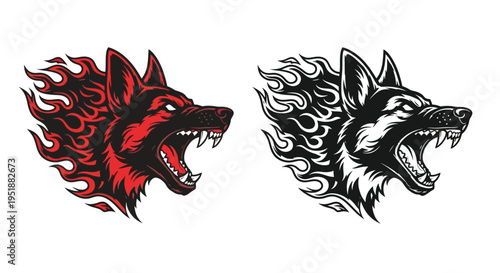 Two aggressive wolf heads with fiery manes, one red and one black and white, snarling intensely with bared fangs.