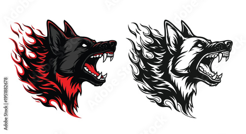 Two aggressive snarling wolf or dog heads with fiery manes, one in vibrant red and black, the other in monochrome, depicting power and intensity.