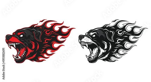 Aggressive flaming dog head mascot illustration in red and black, and a monochrome version, depicting power and speed for sports or gaming.