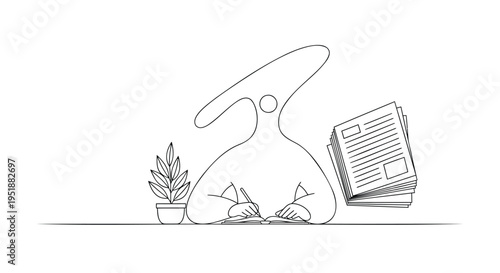 Minimalist line drawing of stressed person with paperwork and plant