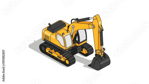 Isometric yellow excavator heavy construction machinery vehicle.