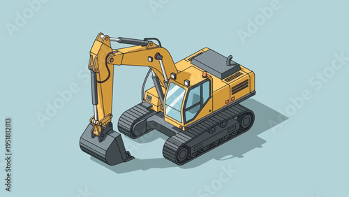 Isometric Yellow Excavator Heavy Construction Machine Isolated.