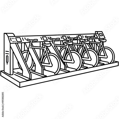 row of metal bicycle parking stands with modern urban design isolated on white