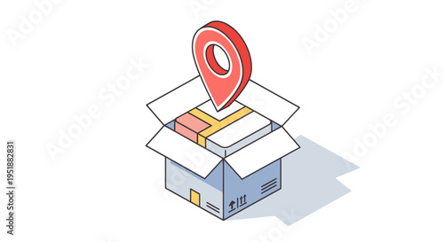 Location Pin on Open Cardboard Box with Contents.